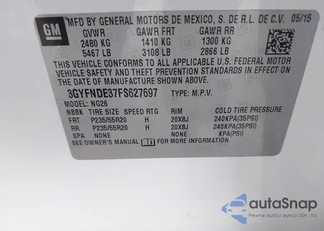 2015 Cadillac Srx Premium Collection from USA, damaged, VIN 3GYFNDE37FS627697